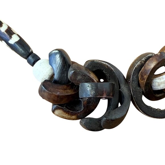 Vintage Bohemian Beaded Necklace With Carved Wood & Horn Accents For Women - Picture 4 of 5